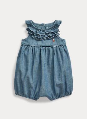 RL女婴儿童美国代购牛仔可爱连体婴幼儿爬服连身衣短裤新款包邮夏