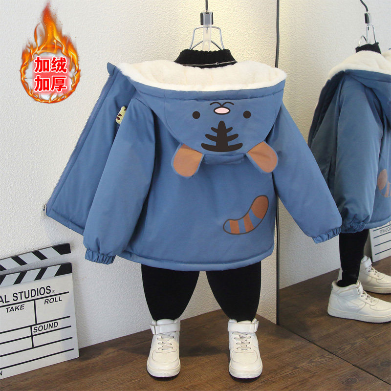 男女宝宝秋冬加绒加厚可爱卡通印花保暖棉衣外套男童宽松连帽棉服