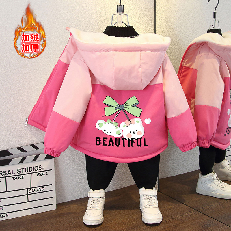 男女宝宝秋冬季新款时尚洋气樱桃印花加绒连帽外套女童加厚棉服潮