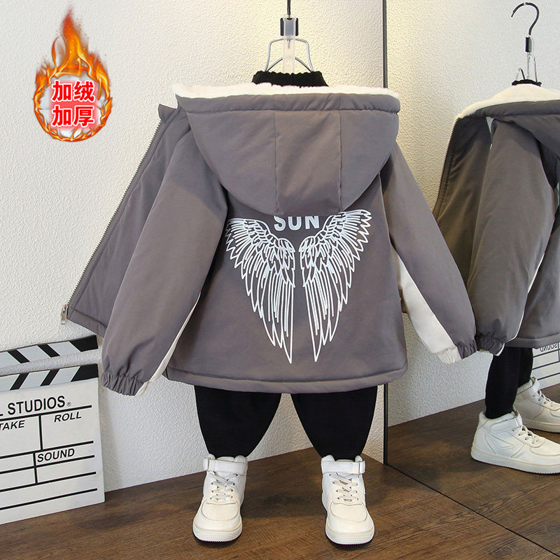 男女宝宝秋冬韩版撞色加绒加厚棉衣外套男童帅气翅膀印花连帽棉服