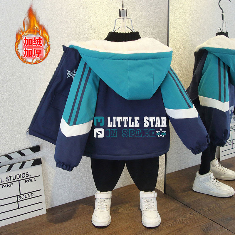 男女宝宝秋冬装加绒加厚连帽外套男童韩版字母印花宽松棉衣棉服潮