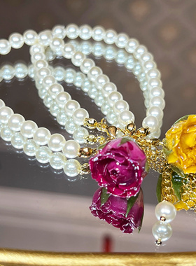 永生玫瑰项链复古百搭锁骨链法式优雅颈链女珠珠手链滴胶玫瑰