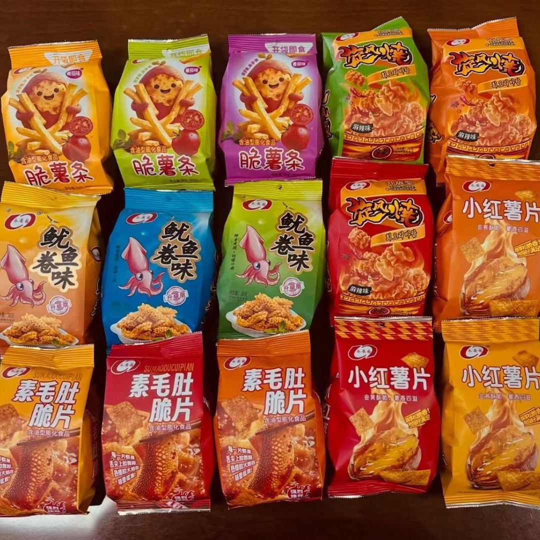 网上爆款永安园膨化食品脆薯条旋风烧鲜鱿鱼味小红薯片素毛肚脆片