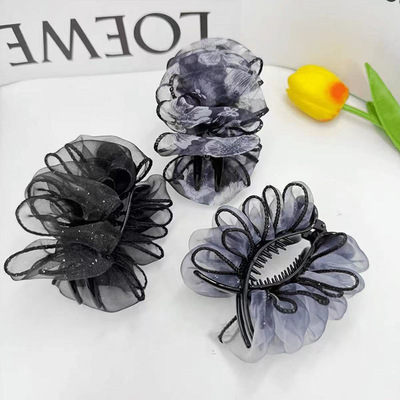 法式秋冬新款郁金香丸子夹气质款发夹子网纱云朵中号抓夹发夹头饰