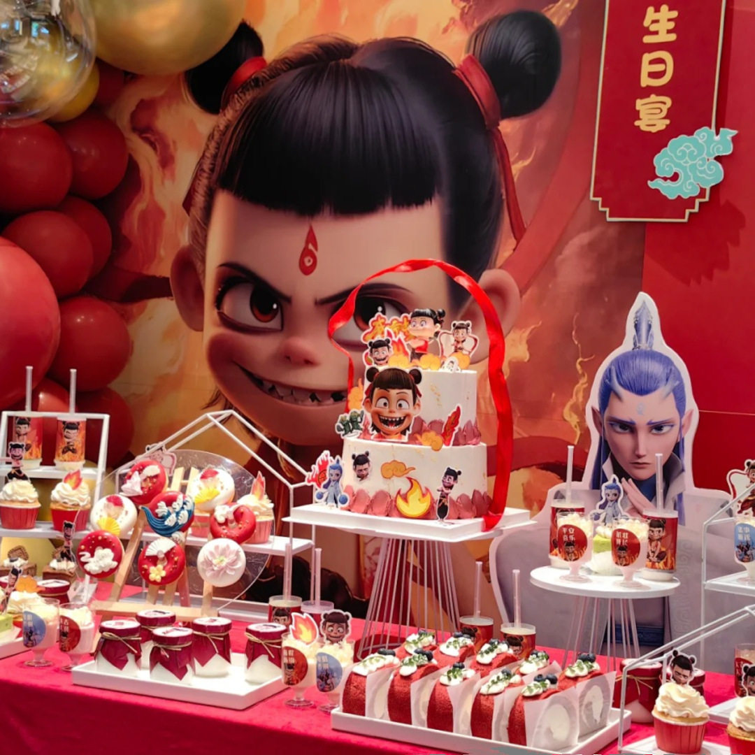 哪吒敖丙甜品台装饰混天凌生日蛋糕插牌摆件贴纸红周岁男孩十岁 - 实物图