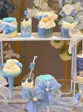 蓝色婚礼甜品台装饰插件蛋糕推推乐筒慕斯杯贴纸布丁瓶封口纸绑带