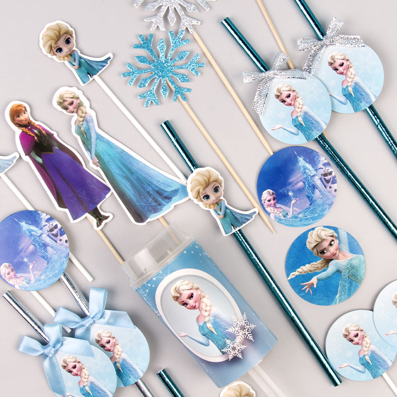 冰雪奇缘甜品台纸质插件爱莎公主纸杯蛋糕插牌蓝色女孩过生日布置