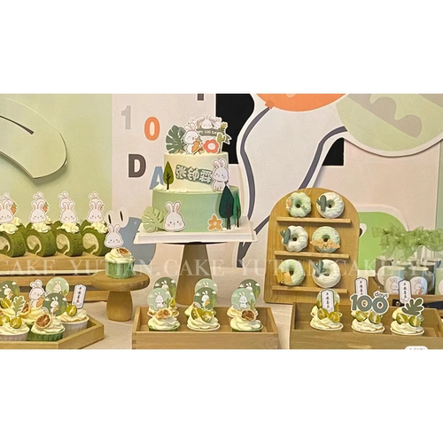 绿色可爱兔子甜品台装饰兔宝宝满月百天周岁生日蛋糕摆件推推乐