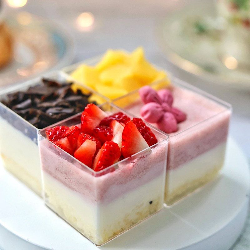 慕斯杯甜品茶歇四方杯小圆形杯心形斜口直筒九宫格透明塑料布丁杯