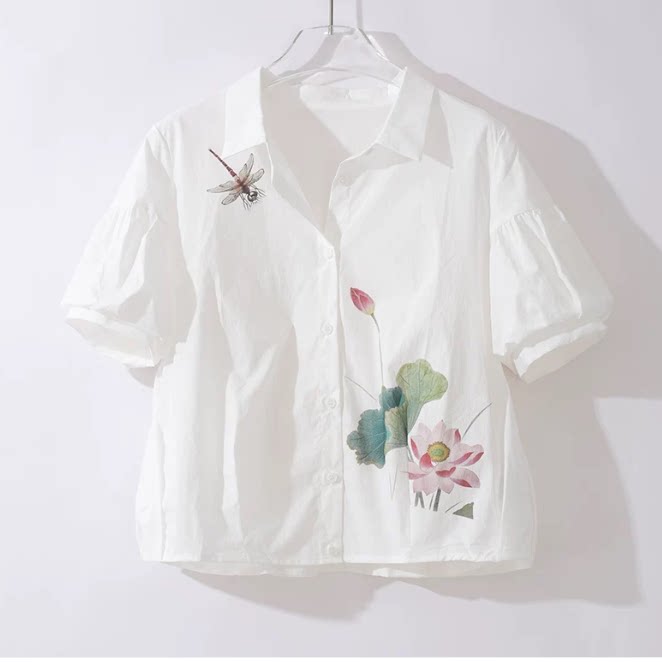 国风蜻蜓荷花白色泡泡袖短袖衬衫女夏POLO领宽松蓝色印花衬衣外套