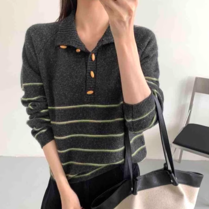 秋冬枣扣深灰色条纹针织衫女半开扣立领套头毛衣慵懒落肩长袖外套