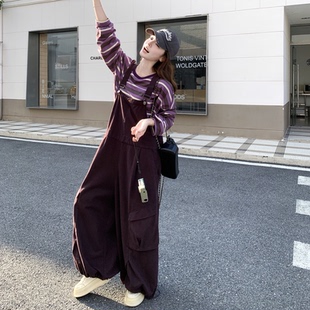 2026秋季设计感学院风韩版宽松条纹长袖T恤衫背带裤两件套女装潮