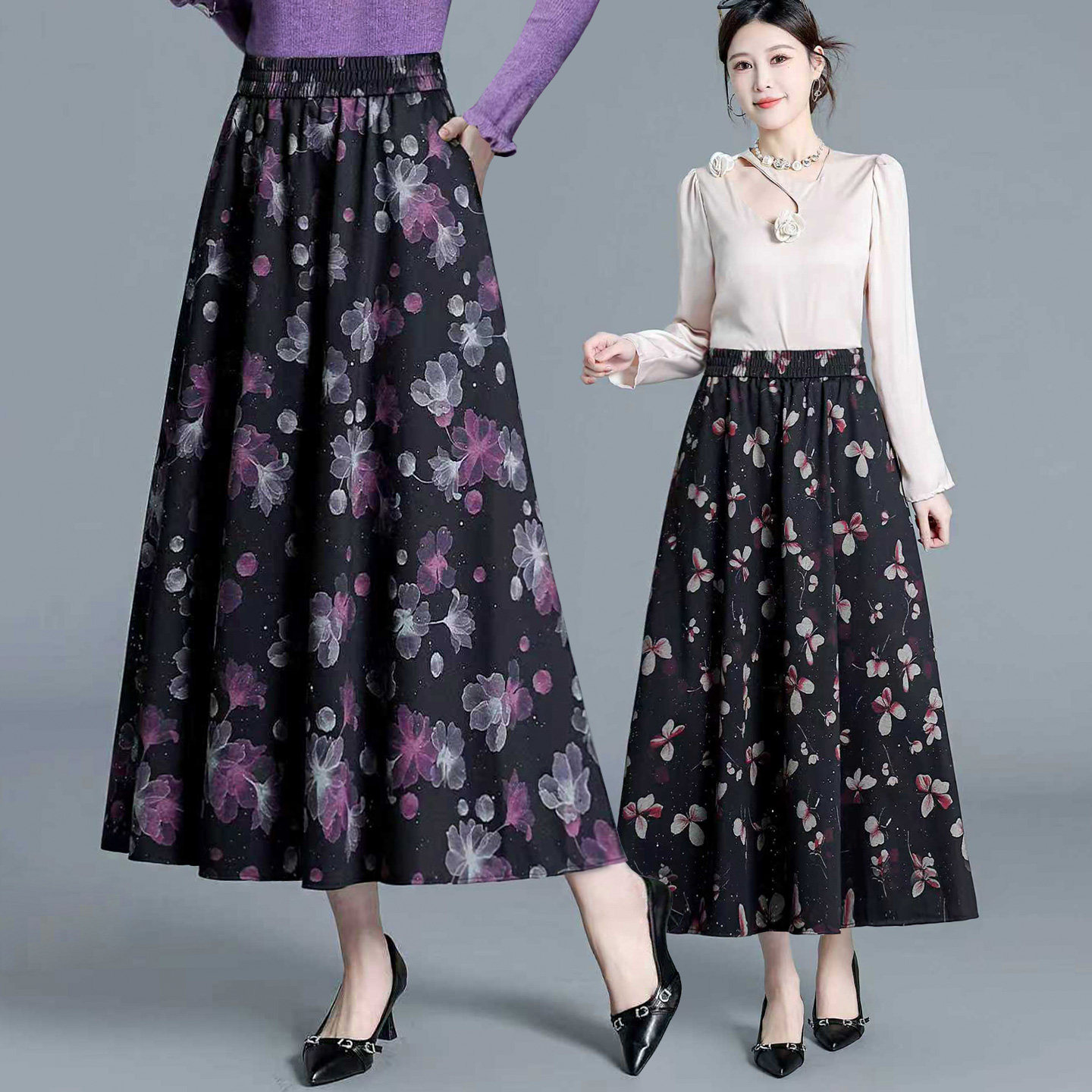 亮片印花半身裙女春秋中长2026新款大码高腰显瘦碎花垂感a字裙子,女装/女士精品,半身裙,淘宝优惠券,粉丝福利购,淘宝优惠卷