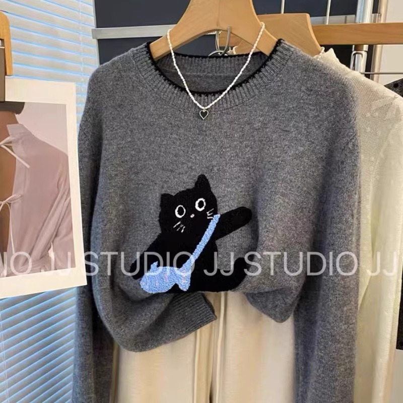 韩式猫咪图案圆领套头针织毛衣女2025秋冬慵懒风时尚百搭针织上衣