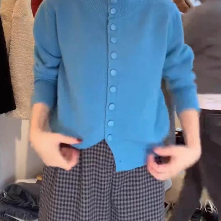 2025秋冬新款花蓝色软糯针织毛衣女韩式复古麻花高领宽松针织开衫