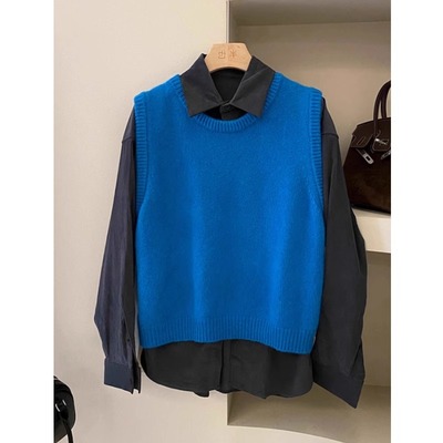 克莱因蓝色圆领羊毛针织马甲