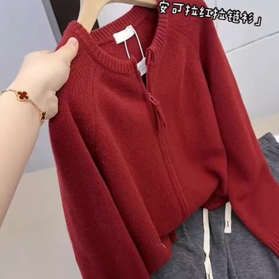 复古安可拉红色圆领针织开衫