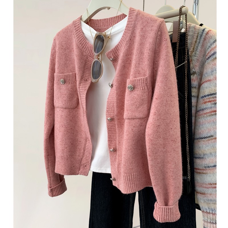 小香风粉色羊毛毛衣外套女秋冬秋季2023新款软糯短款针织开衫上衣
