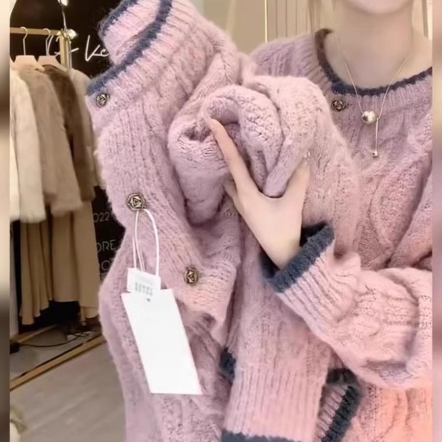 韩式复古圆领小金扣针织上衣女2025秋冬季新款高级感粉色毛衣外套