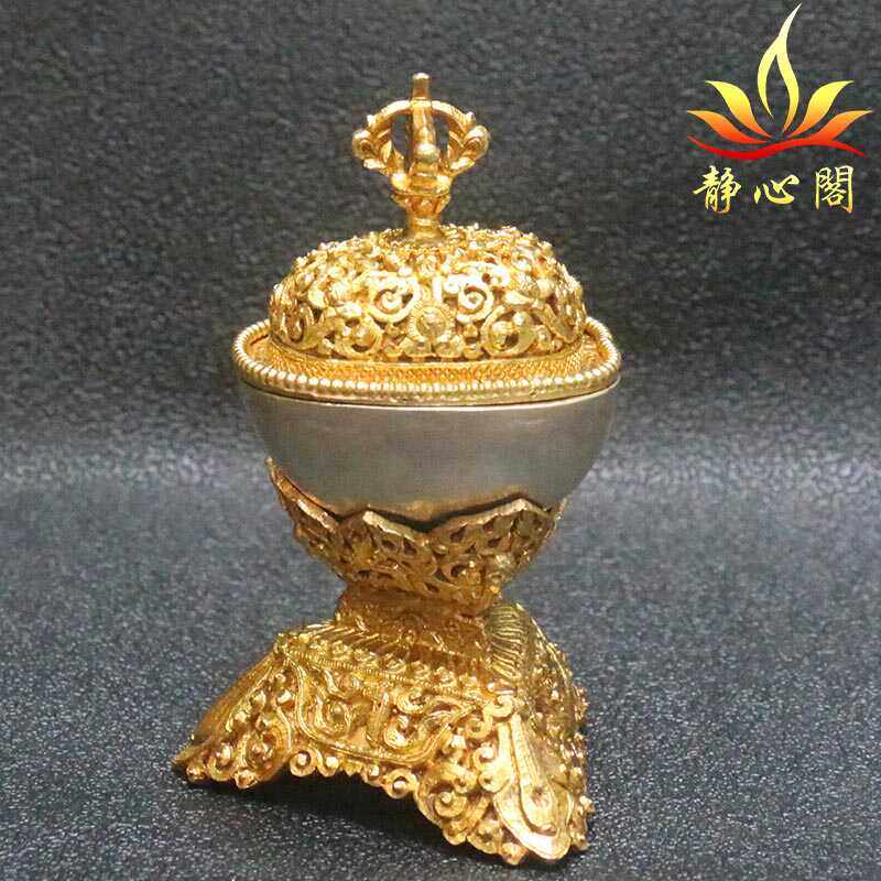 尼泊尔手工纯铜鎏金迷你小托巴碗居家供水碗桌摆件藏式纯银碗供杯