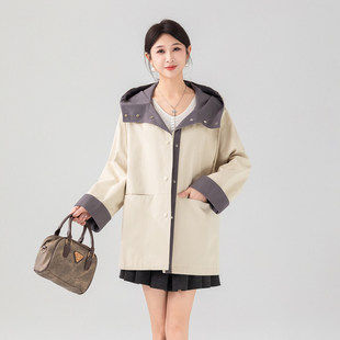 瑞景媛26C030撞色连帽风衣女2026新款 宽松显瘦百搭高级感减龄外套