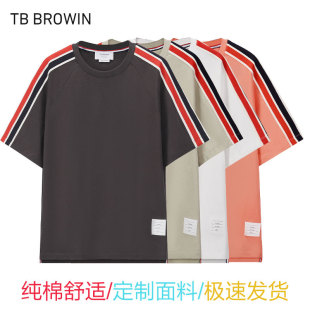 BROWIN TB新款宽松版T恤男女同款红白蓝条纹插肩袖蝙蝠袖休闲短袖
