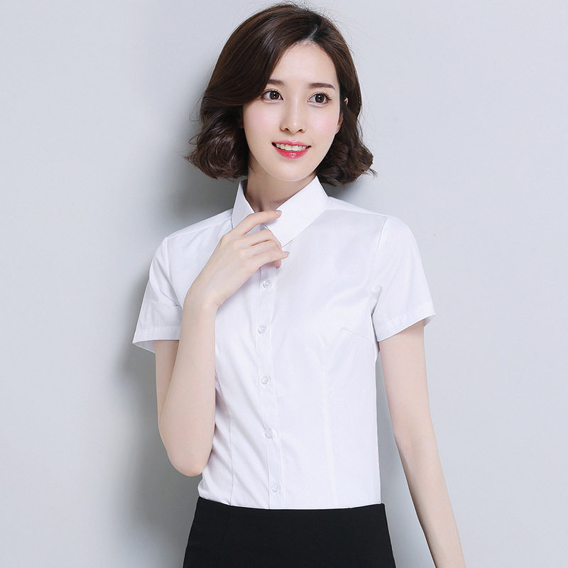 白衬衫女短袖夏季修身方领职业正装衬衣通勤面试工作服免烫白上衣