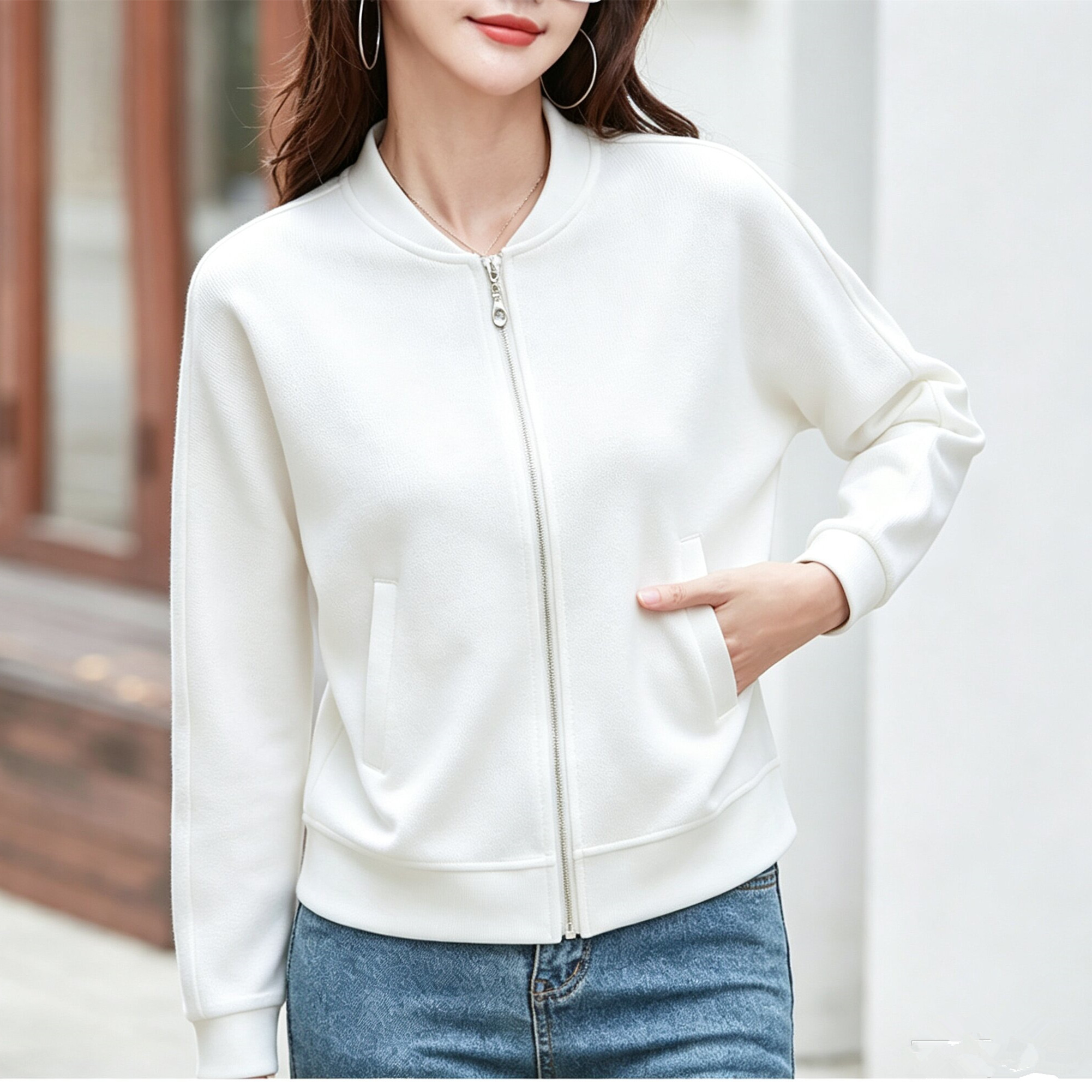 短款棒球服女秋季新款宽松弹力立领金属拉链开衫纯色休闲长袖外套