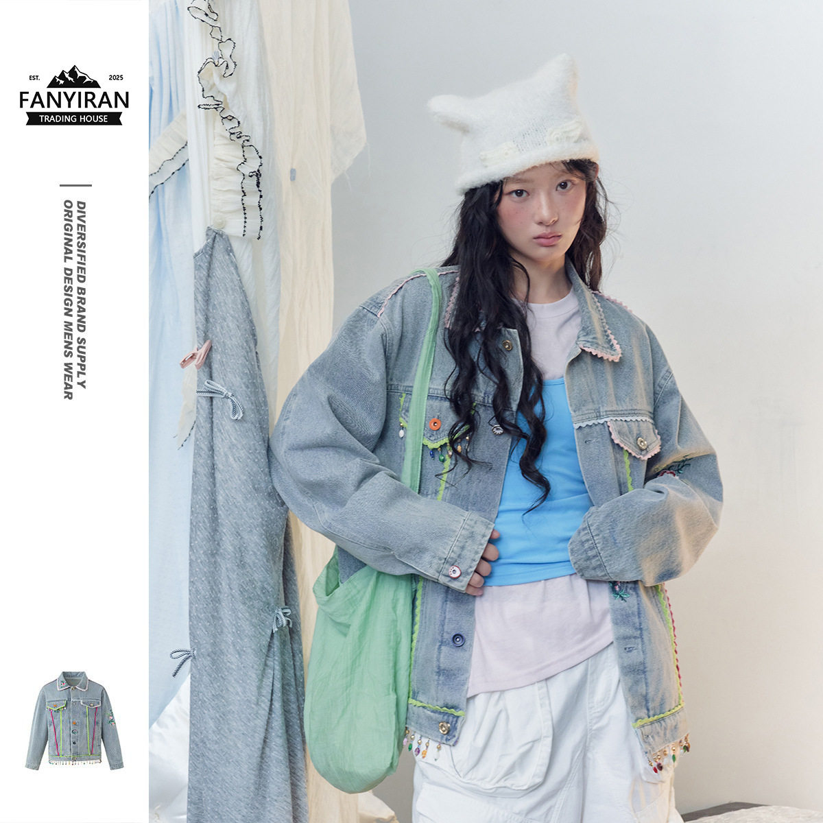 自然STAFFPICK韩系复古游牧风蕾丝边水洗牛仔夹克工装外套女上衣