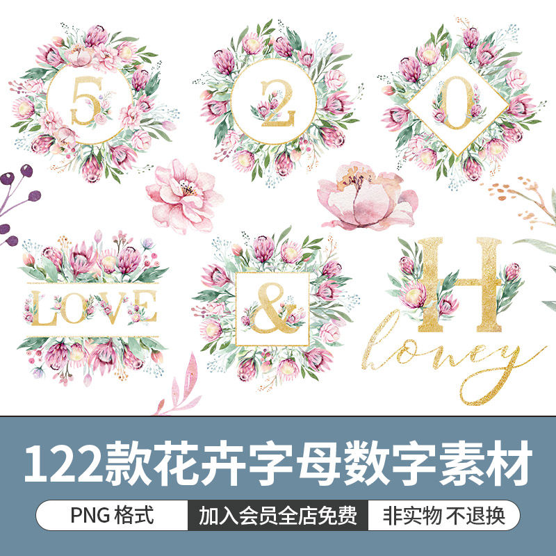 优雅水彩浪漫粉色花卉花环英文数字边框婚礼请柬邀请卡片png素材