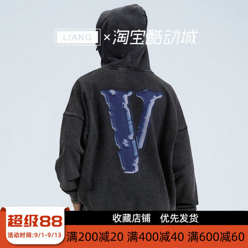VLONE X光透视大LOGO印花  做旧水洗宽松连帽卫衣 男女同款