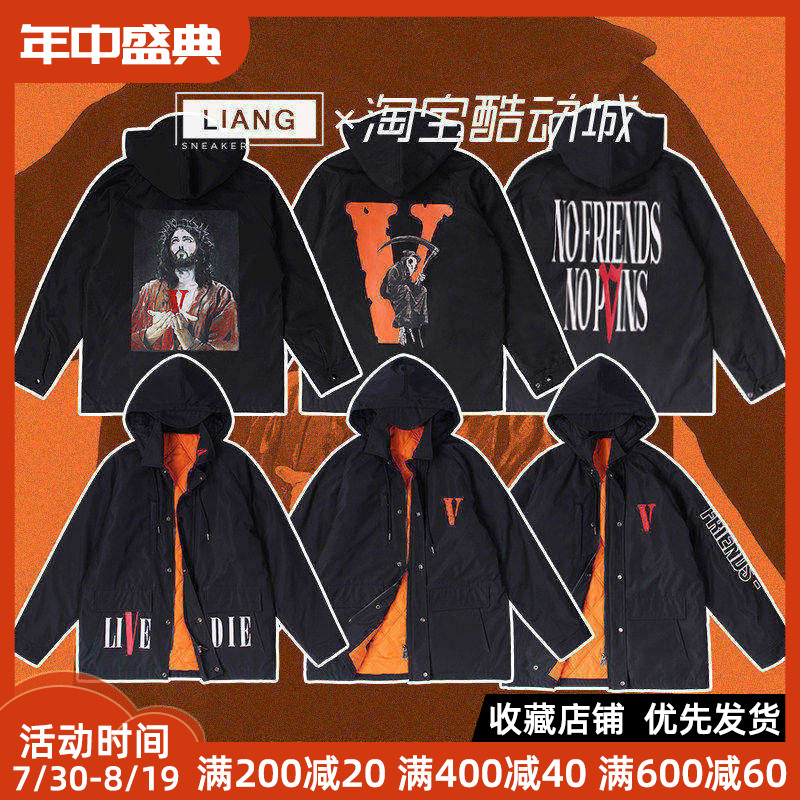 VLONE 刺绣印花休闲人物字母连帽宽松棉服 男女同款 黑色
