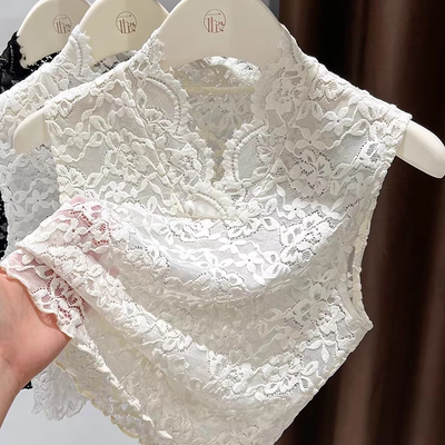 镂空蕾丝花边v领打底衫无袖内搭