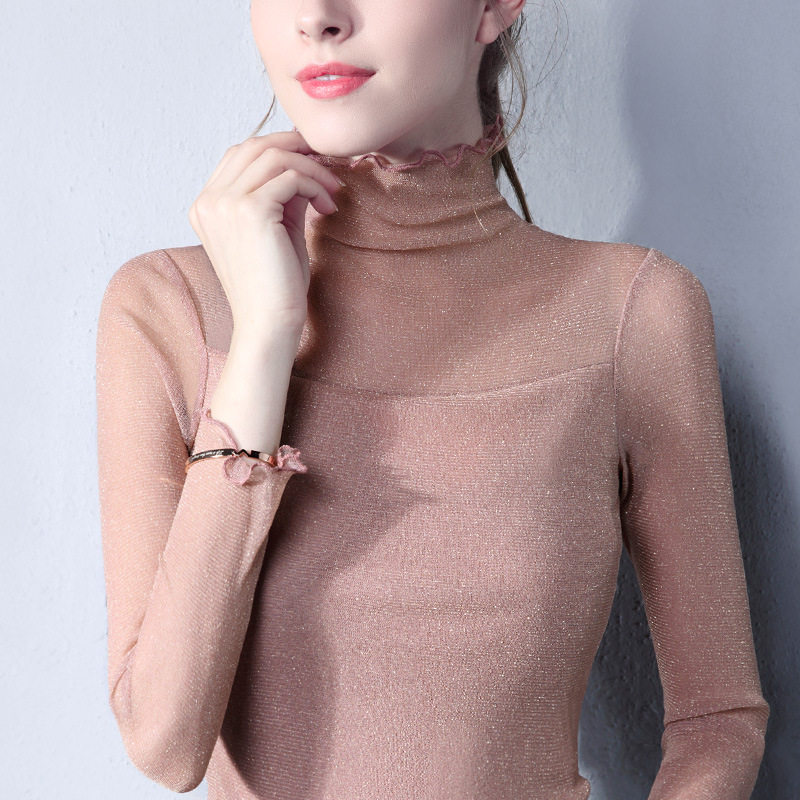 秋装2020新款女T恤韩版蕾丝衫长袖网纱上衣大码女装半高领打底衫