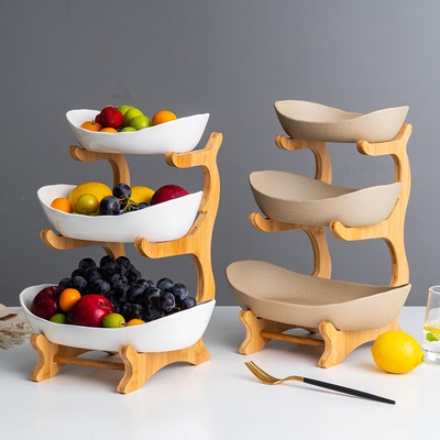 Creative three-layer multi-layer fruit plate European-style ceramic dried fruit plate bamboo wood frame home snack plate candy tray fruit basket