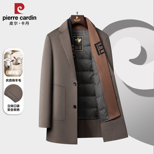 皮尔卡丹双面呢大衣男士白鹅绒内胆爸爸装羊毛呢子西服领羊绒外套