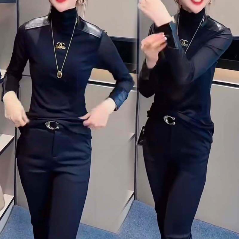 秋冬新款时尚百搭高领pu拼接长袖打底衫女修身显瘦内搭T恤上衣潮