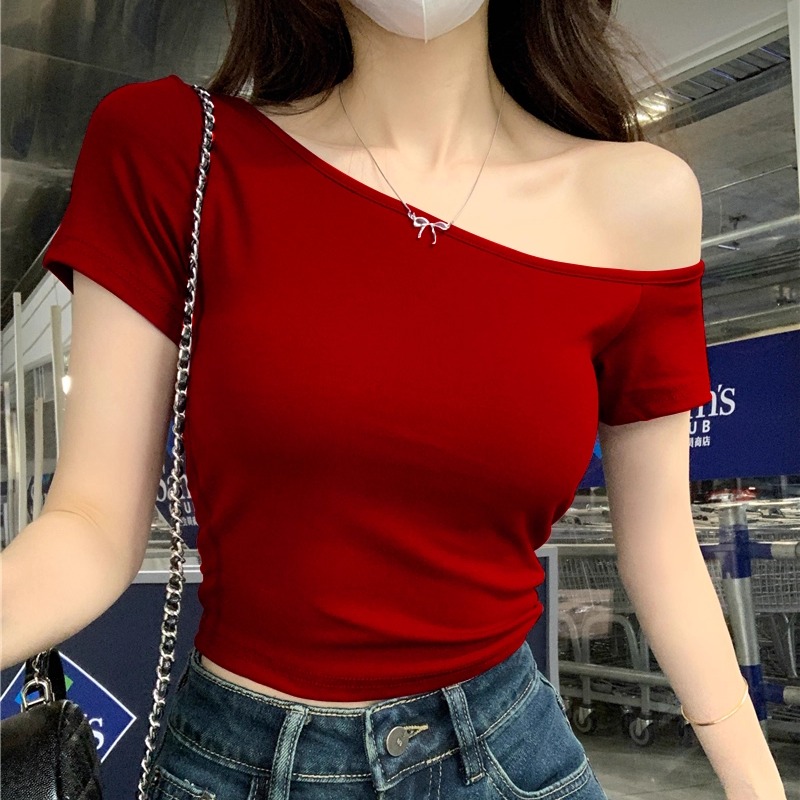 纯欲不规则露肩短袖t恤女