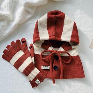儿童帽子手套套装秋冬季法拉帽男女宝宝保暖防风护耳围脖披肩一体
