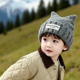 儿童帽子秋冬季韩版时尚小童双角针织帽男孩女宝宝保暖套头毛线帽