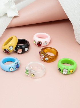 复古设计感ins亚克力镶钻宝石戒指饰品 小众彩色树脂指环女