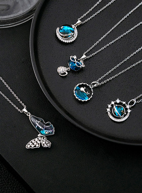 韩版银色蝴蝶猫咪项链 可爱俏皮动物星球锁骨链简约镶钻鲸鱼项饰