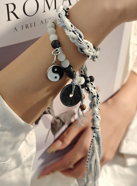 新中式双生太极手工编绳手链 轻奢复古感原宿风百搭串珠手链