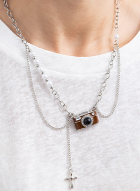 英伦复古棕色相机珍珠十字架项链 简约时尚潮流气质百搭毛衣项链