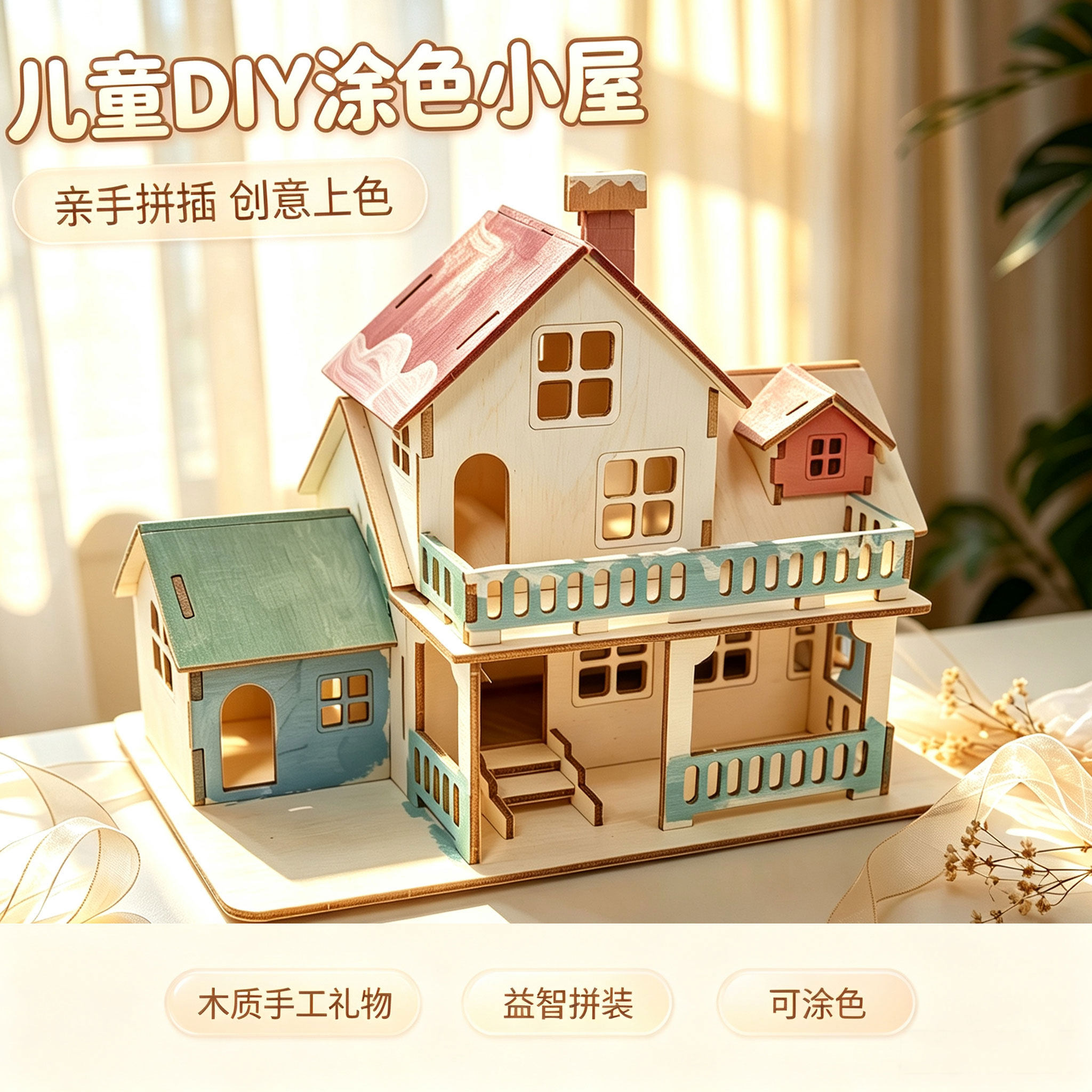 温馨小屋木质3D立体拼图板手工制作建筑模型玩具房子生日礼物作业