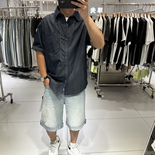 古伦尚夏季潮牌男士短袖衬衫宽松休闲桑蚕丝凉感麻料简约衬衣高级