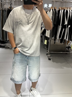 古伦尚夏季潮牌男士圆领短袖T恤宽松弹力字母刺绣扎染休闲半袖ins