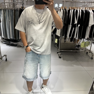 古伦尚夏季潮牌男士圆领短袖T恤宽松弹力字母刺绣扎染休闲半袖ins