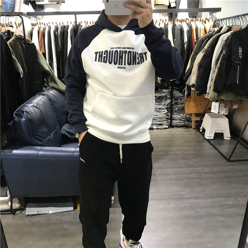 拼色字母简约时尚连帽卫衣套头