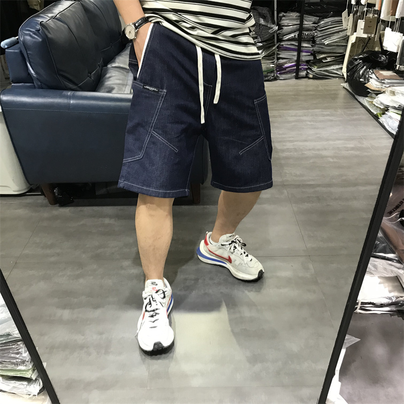 夏季新款男士牛仔短裤宽松弹力水洗休闲中裤简约时尚潮流系带工装